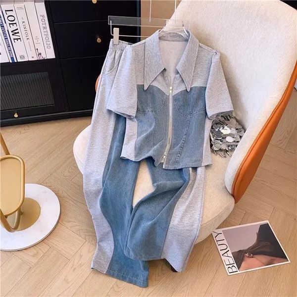 Casual Pant Sets Denim Splicing 2 Pieces Set Summer Polo Collar Zipper Tops High Waist Wide Leg Trousers Women Clothing Suit 240807