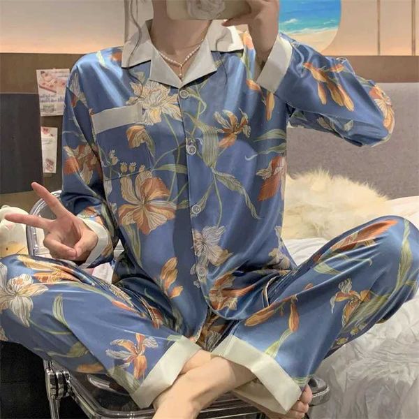 Womens Pajamas Sets Spring Autumn 2 Piece Print Floral Pyjama Faux Silk Satin Sleepwear Long Sleeve Pijama Mujer Pjs HomewearC241213