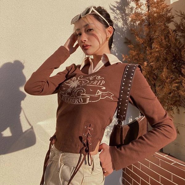 Polo Neck Shirts for Women Crop T-shirt Woman Long Sleeve Clothing Khaki Tops Cute Youth with Collar Polyester Synthetic Top 240814