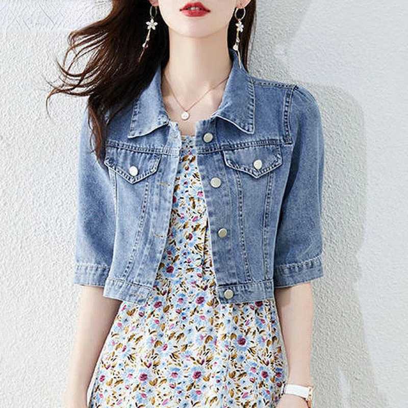 Jackets Women Basic Solid Vintage Crops Trendy Turn Down Collar Female Outwear Half Sleeve Denim Fit Mujer Ropa Harajuku StreetX240920