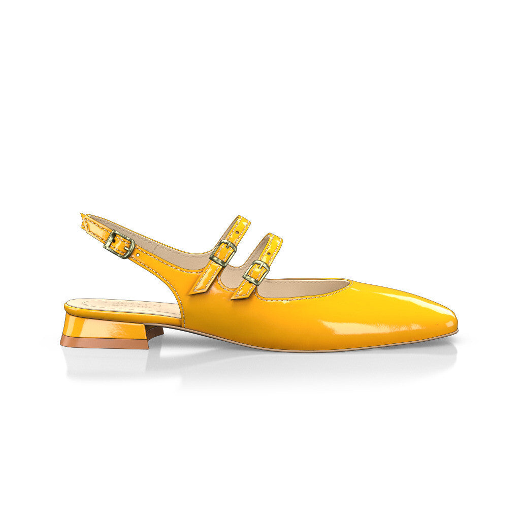 Babies slingback plates à petit talon carré Femme Faites main en Italie en Cuir verni Jaune moutarde - Sur Mesure, Petit, Boucles, Boucle - GIROTTI
