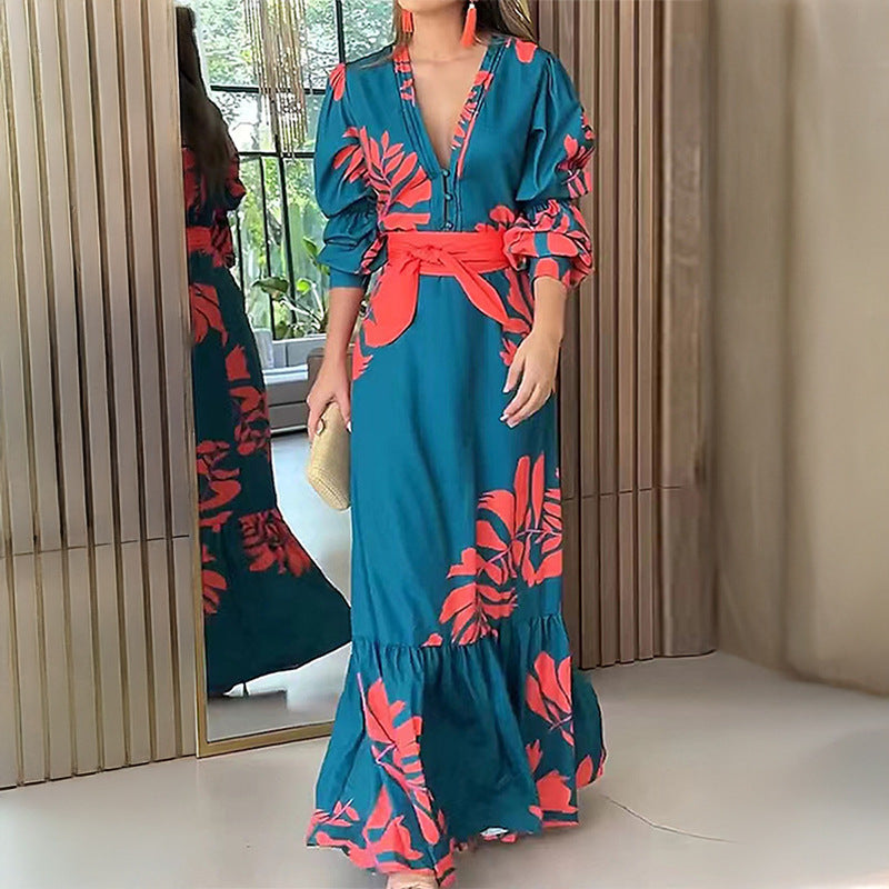 (162) Button V-neck Printed Swing Dress