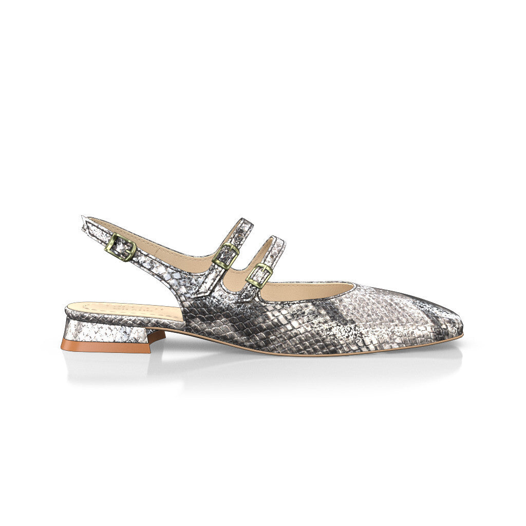 Babies slingback plates à petit talon carré Femme Faites main en Italie en Cuir estampé Argent Imprimé animal - Sur Mesure, Petit, Boucles -