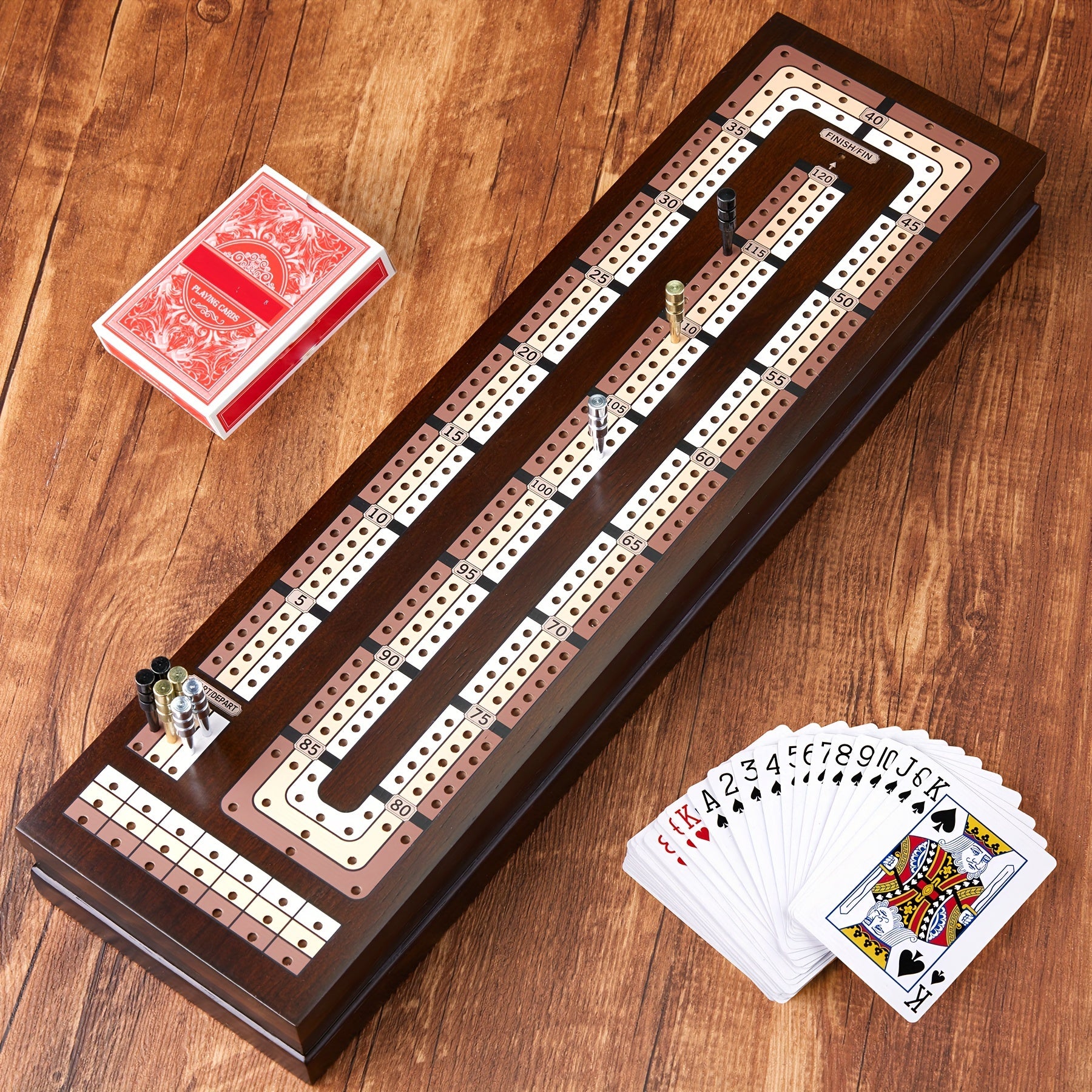 TEMU Wooden Cribbage Board Game Magnetic 3 Scoreboard With Large Slots For Storing 2 Playing Cards And 9 Metal Pegs, Travel Family ( Included, Ideal