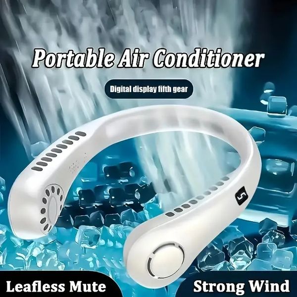 1pc 2023 Neck Fan Rechargeable USB Portable Air Conditioner Fan Home Hanging Neck Fanwireless Outdoors 5-speed Adjustable Neck Cooler Digita