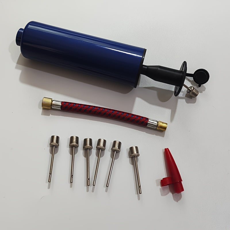 TEMU 1pc Blue Manual Hand Pump Inflator With Flexible Hose, Portable Air Pump For Basketball, Football, Volleyball - Durable Pp Material, Uncharged