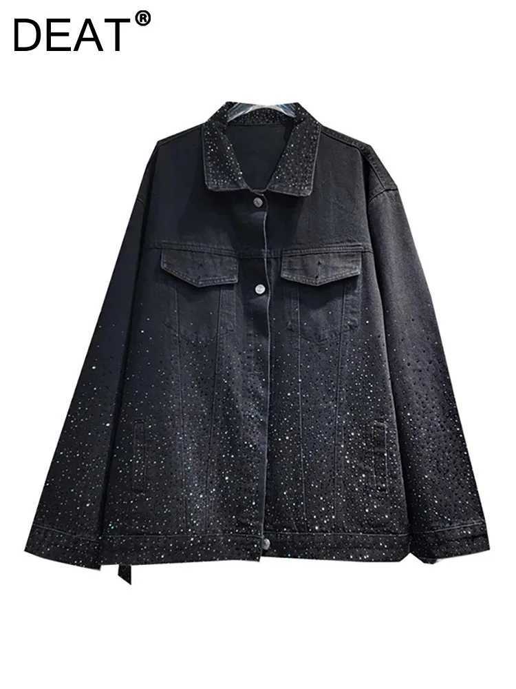 DEAT Women Denim Coat Turn-down Collar Full Diamonds Hot Rhinestone Black Loose Single Breasted Jackets 2024 Autumn New FashionX240920