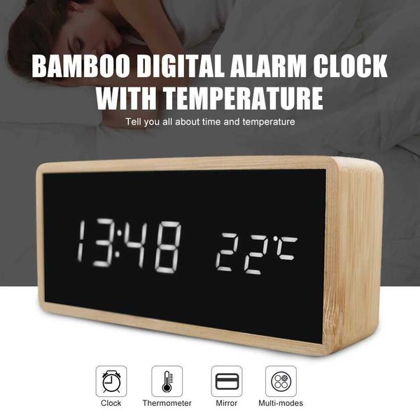 Original Bamboo Wooden Alarm Clock LED Display With Mirror Temperature Digital Watch Desktop Digital Table ClockM240814