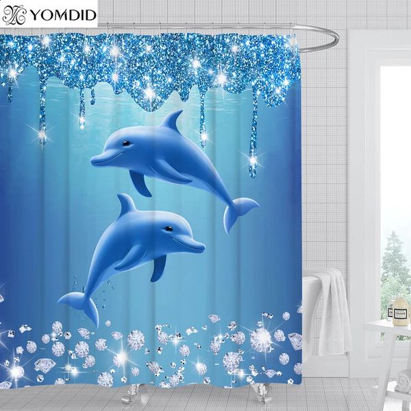 YOMDID 14 Sparkling Diamond Dolphin Printed Shower Curtain Set with Hooked Curtains Blue Decorative Bathroom 240828