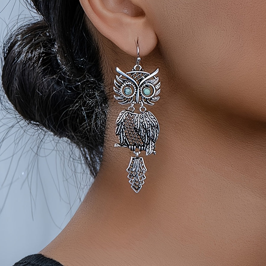 TEMU 1 Pair Women's Bohemian Owl Earrings - Vintage-inspired Dangle Hoops With Black & Design, Durable Alloy, Everyday & Formal Jewelry For Women,