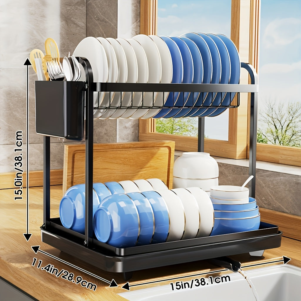 TEMU Heavy Duty Commercial-residential Stainless Steel Dish Drying Rack - Two-tier Countertop Organizer With Knife Slots, Utensil Holder & -
