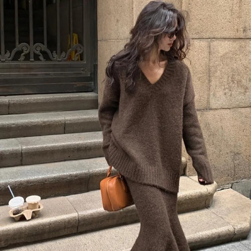 Women Casual Dress V Neck Two Pieces Knitted Sweater Long Skirts Long Sleeve Warm High Qaulity Women Fashion Streetwear Suit 240919
