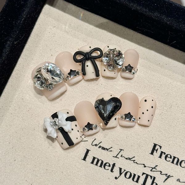 Nail Art Handmade Bow Bare Pink Patch Detachable Black French Heart Fashion Accessories