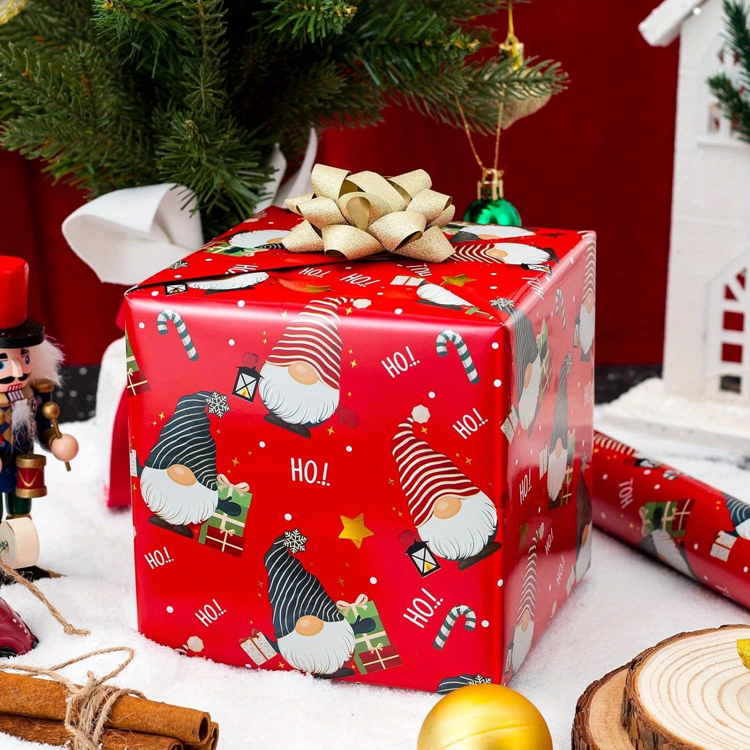 TEMU 1 Roll Extra Large Christmas Wrapping Paper Roll - Gnome, Candy Cane, Snowflakes, Hearts, Holly, Bows - Red With Golden, Green, White, Black