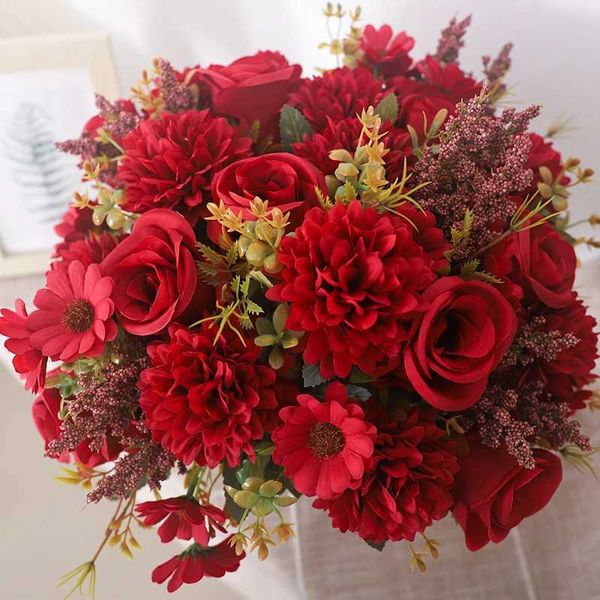 Autumn Artificial Flowers Rose Bride Bouquet Wedding Christmas Living Room Table Decoration For Vase Home DIY Fake PlantsXJ241212