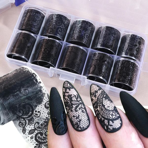 10 RollsBox White Black Lace Nail Art Foils Set Nail Transfer Sticker Paper DIY Manicure Nail Decoration Accessories 240729