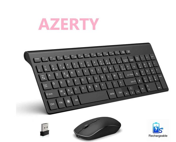French Keyboard Wireless Keyboard and Mouse combo2.4G Rechargeable AZERTY Keyboard Set Ergonomic for Computer Mac PC Laptop TV X250203