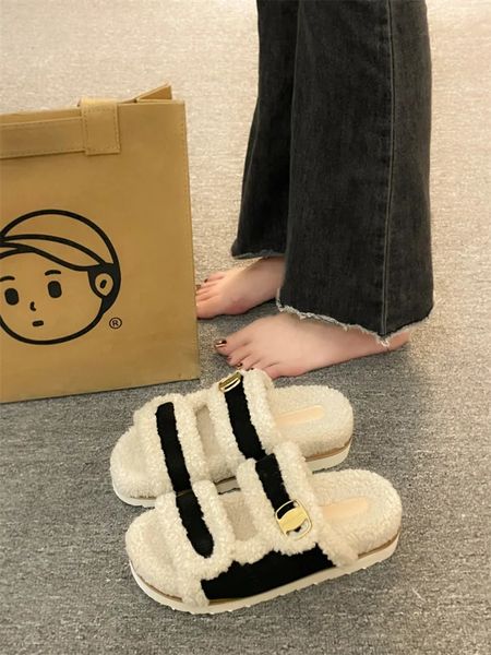 Womens shoe slider soft Med platform slider fur flip cover comfortable massage for flat plush with fur PU short shoes womens 250103