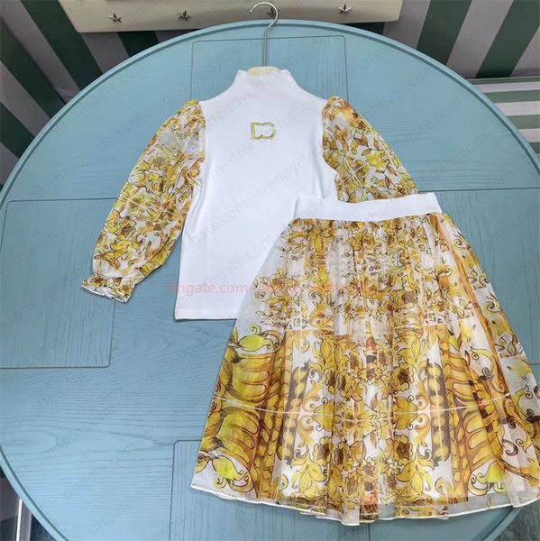 kids girls luxury designer print floral sets fashion spring autumn chiffion flowers girl baby childrens two pcs skirts children clothing