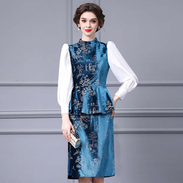 Smart and Luxurious Womens Jacquard Bubble Sleeves Color Blocked Ruffle Edge Stand Up Collar Fake Two-piece Dress for Autumn Pregnant Womens