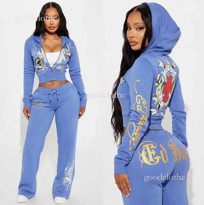 Women&#039;s Ed Hardytracksuit Joggers 2-Piece Letter Printed Sportswear Hoodie Zipperand Ed Hardytracksuit Sweatpants Set Letter Print Short Sleeve