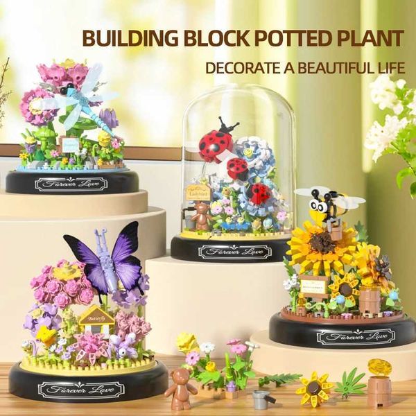 Insect Plant Potted Model Building Blocks Set Bee Butterfly Flower Bonsai Bricks With Dust Cover Diy Toys For Kids Holiday GiftsC250211
