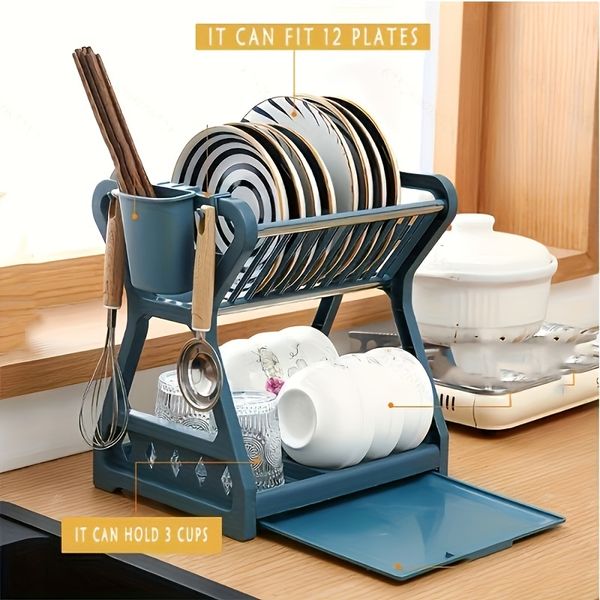 1pc Premium Kitchen Rack Built-In Dish Drain System Space-Saving Storage Solution 2 Auxiliary Hoo for Hanging Utensils Dishware Sturdy Const