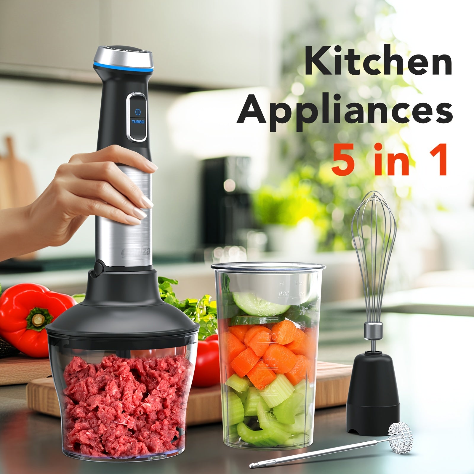 TEMU Blender 5in 1 Hand Blender Max 1000w Heavy Duty Motor, 16 Speed Mode Handheld Blender Stainless Steel Blade With 800ml Mixing Beaker, 600ml