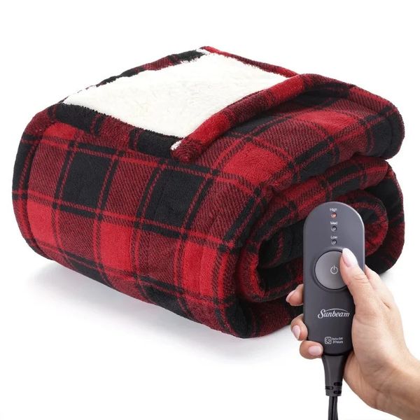 Sunbeam Heated Electric Throw Blanket Cozy Sherpa Red Buffalo Checker 50 x 60 231221