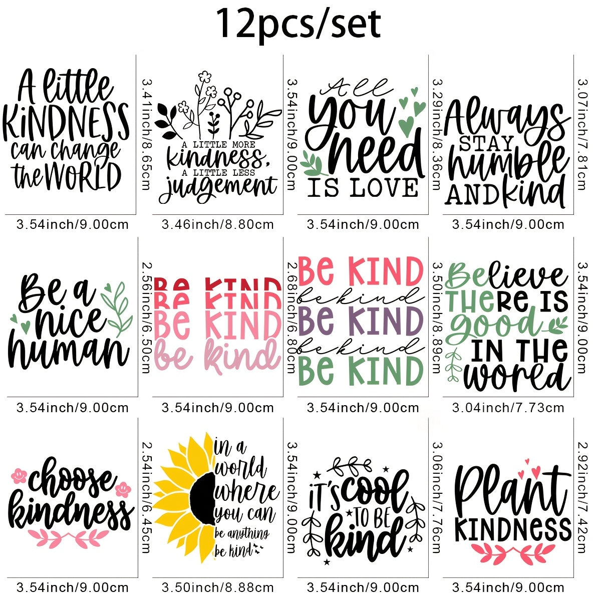 TEMU 12-pack Kindness Themed Dtf Heat Transfer Stickers, Multicolor Plastic Iron-on Decals, Washable Press-on Patches For Diy T-shirts, Jeans, Masks,