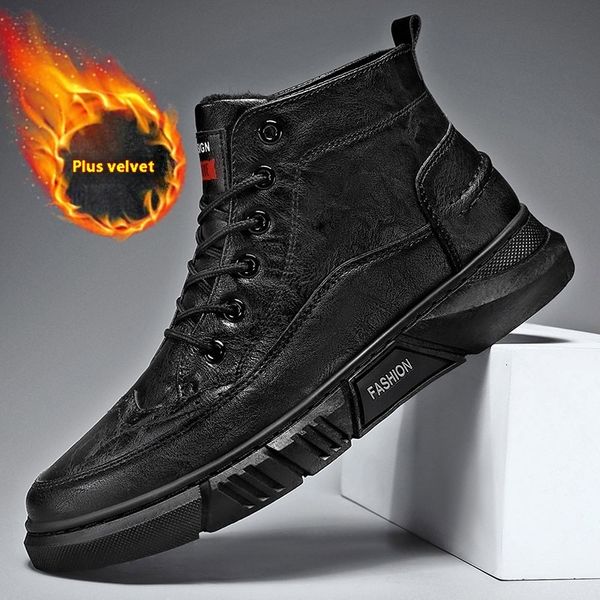 Outdoor sports plush warm Martin boots, men&#039;s high top lace up casual cotton shoes, leather surface, Northeast fashionable snow boots