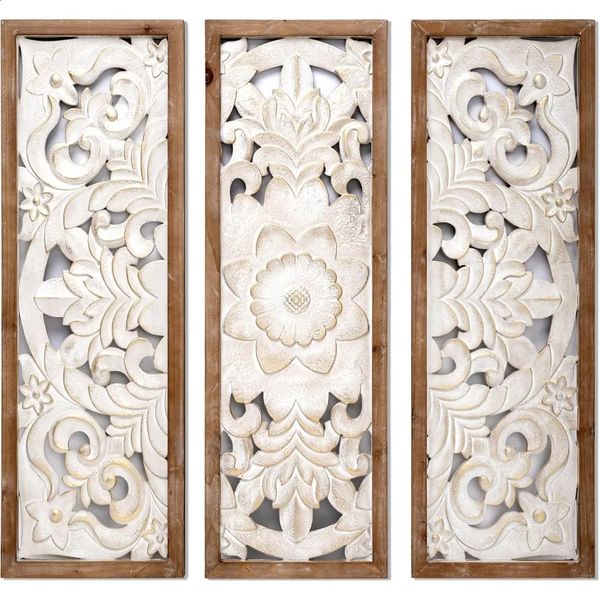 Carved Floral Wooden Wall Decor Golden wash white wood wall art Handmade Decorative Panels for Living Room or Entrance 241230