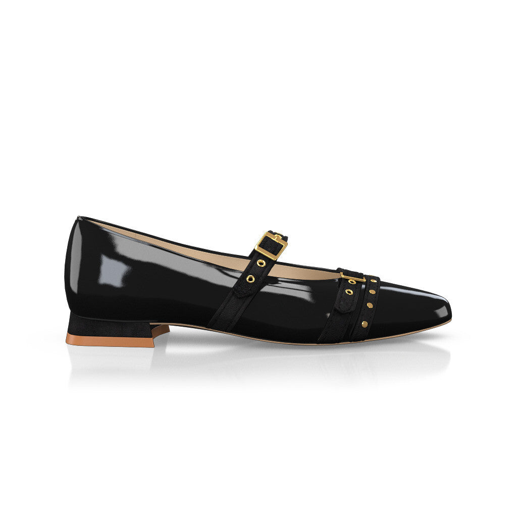 Ballerines pointues Chaussures plates Femme Faites main en Italie en Cuir verni Noir - Sur Mesure, Petit, Boucles, Boucle - GIROTTI