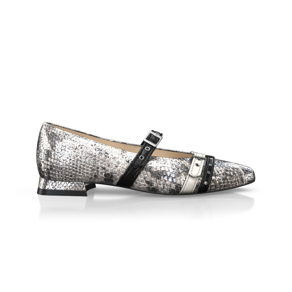 Ballerines pointues Chaussures plates Femme Faites main en Italie en Cuir Argent Imprimé animal - Sur Mesure, Petit, Boucles, Boucle - GIROTTI