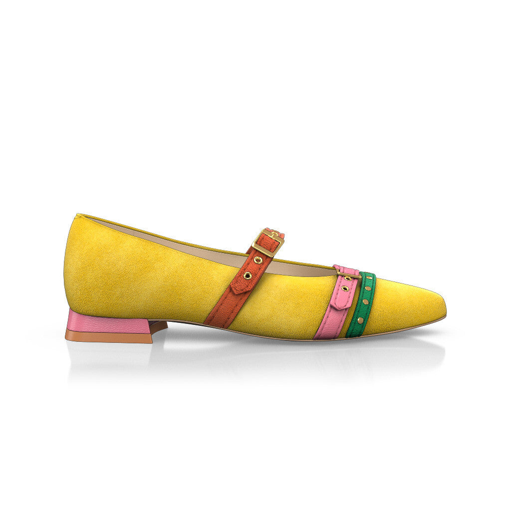 Ballerines pointues Chaussures plates Femme Faites main en Italie en Cuir Jaune - Sur Mesure, Petit, Boucles, Boucle - GIROTTI
