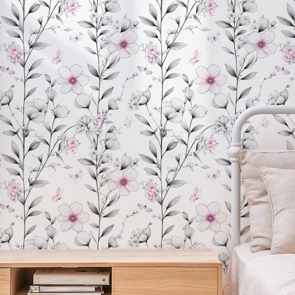 Cross border wallpaper green plants flowers butterfly patterns retro personalized sketches watercolor style waterproof and moisture-proof ho