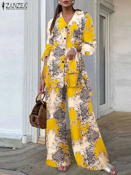 ZANZEA Printing Wide Leg Trousers Outfits Women Fashion Top and Pant 2pcs Pant Sets Long Sleeve Long Shirts Casual Tracksuits 240305