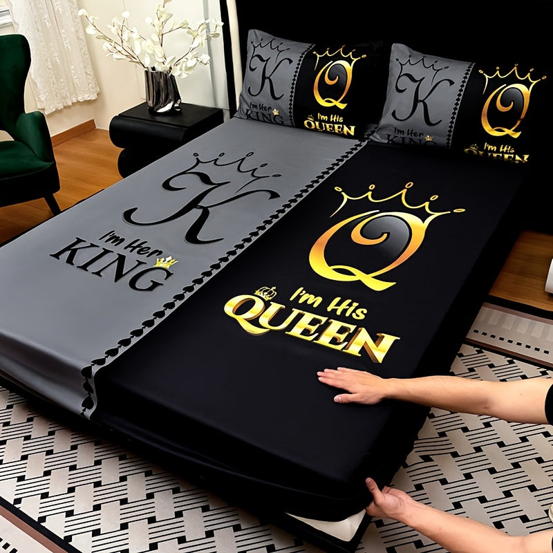 TEMU 3pcs Super Soft Breathable Black Grey Color Blocking Crown Letter Bed Sheet(1pc Bed Sheet+2pcs Pillowcase No Filling), Deep Pocket In 15 Inch,