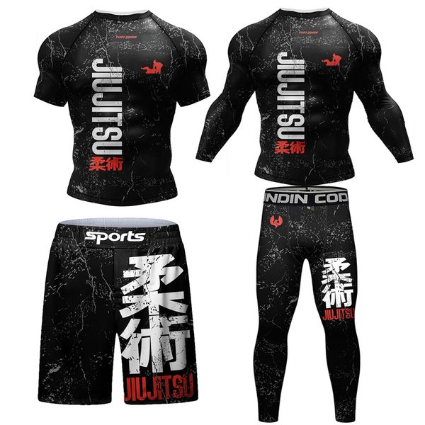 MMA Jiu Jitsu T-shirt +Pants 4pcs-set Mens Bjj Gi Rashguard Brazilian Grappling MMA Shorts Gym Sport Clothes Muay Thai Tracksuit