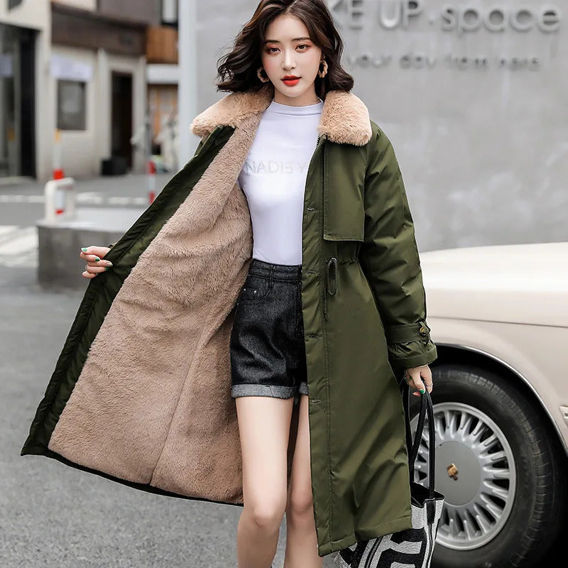 Thick Lamb Wool Down Jacket Women Winter Fur Collar Long Parka Coat Korean Fashion Warm Cotton Outwear Female Slim Trench 241008