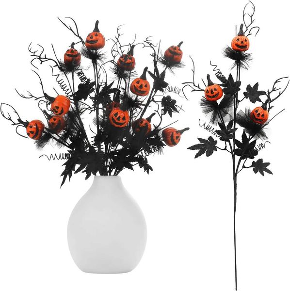 Halloween Decor Artificial Pumpkin Maple Leaf Floral Stems Black Orange Halloween Branches Home Indoor Party Vase Arrangement Y240801