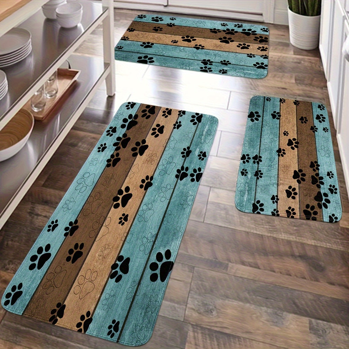 TEMU 2-3 Sets Of Farmhouse Wood Grain Dog Paw Print Themed Kitchen Mats, Home Decor Mats, Flannel Material Non-slip Soft Easy To Clean, Suitable For