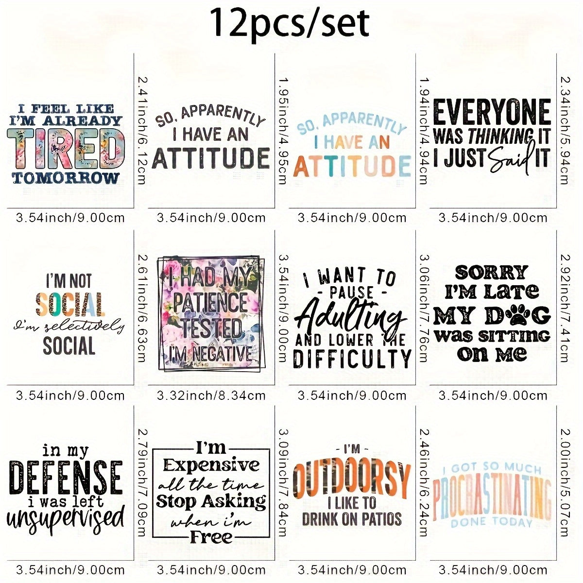 TEMU 12pcs Humorous Iron-on Dtf Transfer Stickers - Funny Phrases For T-shirts, Jeans, Masks & Backpacks - , Durable Vinyl, Mixed Colors, Clothing