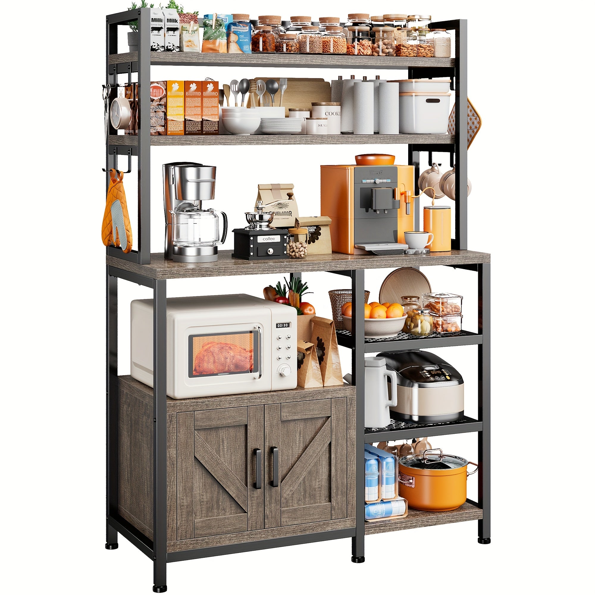 TEMU 6-tier Bakers Racks For Kitchens With Storage, Microwave Stand With Storage Cabinet, Farmhouse Coffee Bar With Large Capacity And Side Hooks,