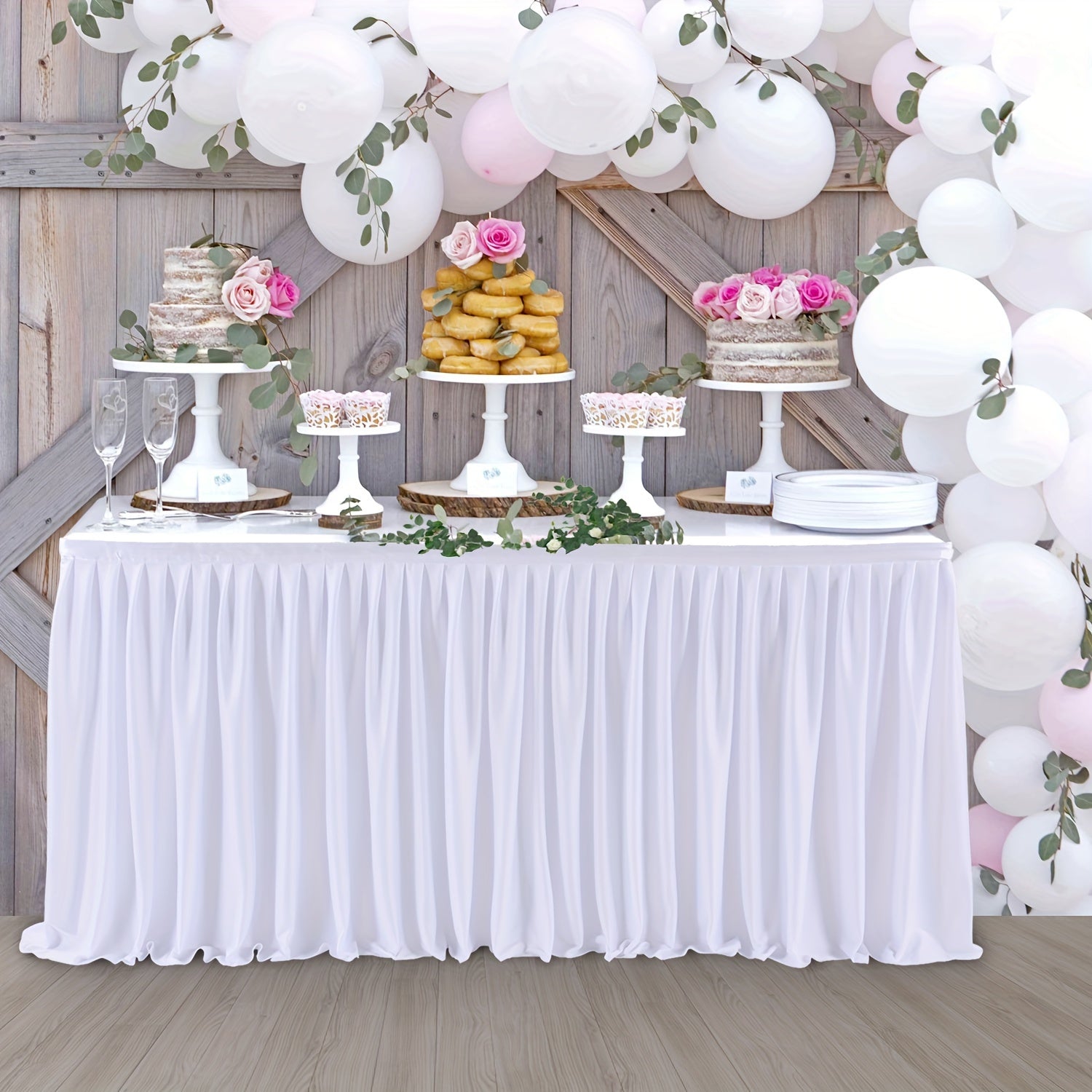 TEMU Polyester Party Table Skirt, Suitable For Rectangular Or Round Tables, Anti-wrinkle Pleated Tablecloth With Edge, Suitable For Banquets,