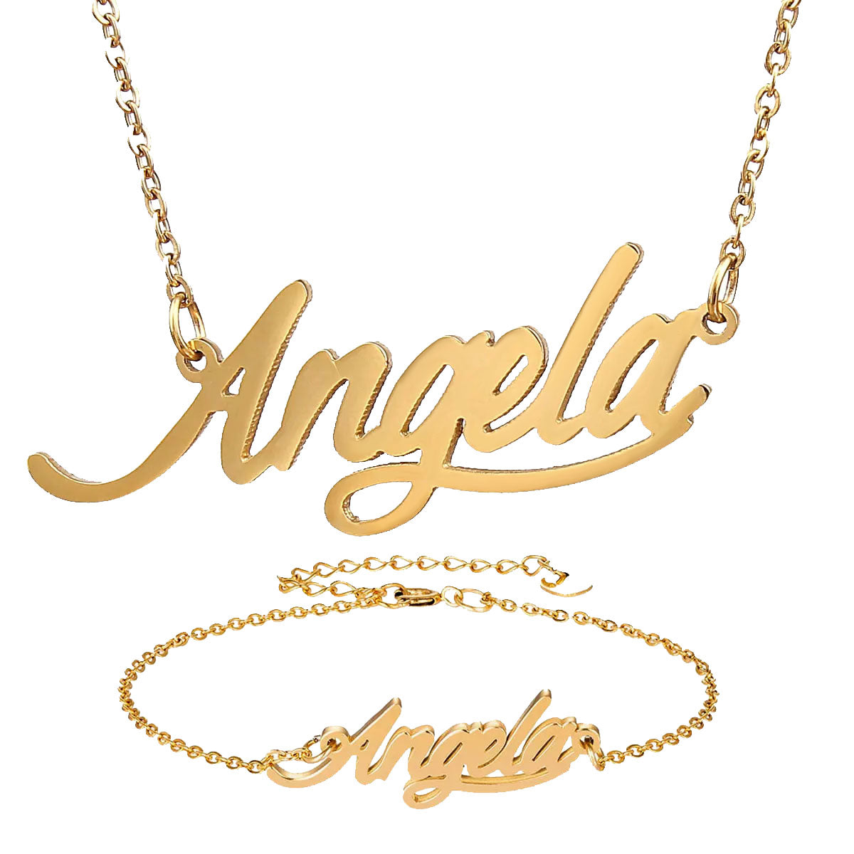 Angela Name Necklace and Bracelet Set for women Jewelry Stainless Steel 18k Gold Plated Choker Chain Necklace Pendant Nameplate Gift