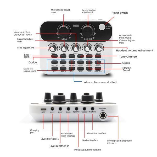 V8 Live Sound Card Audio Interface Mixer With Microphone For PC Computer Phone Broadcast Recording