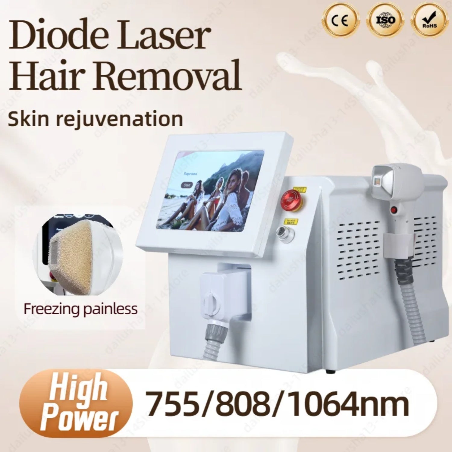 808nm Diode Laser Hair Removal Machine Alexandrit Permanent Removal 3 wavelengths cooling Head Painless Laser Epilator Suitable for home and beauty