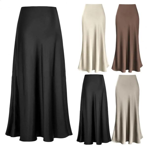 Fishtail Maxi Skirt Elegant Faux Silk Satin Skirts for Women High Waist Aline Office Lady Solid Color Glossy Finish 241228