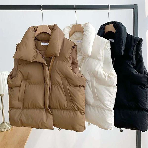 Winter Cotton Women Warm Turn Down Collar Zipper Sleeveless Jacket Overcoat Loose Drawstring Waistcoat Vest Coat